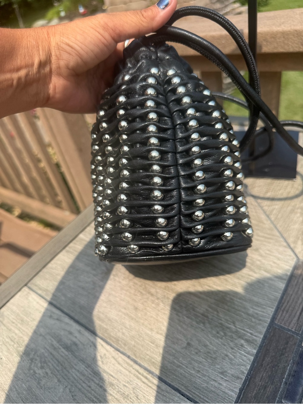EUC Zara Ball Studded Drawstring Bucket Bag Softest Leather Feel Black Silver - Picture 7 of 9